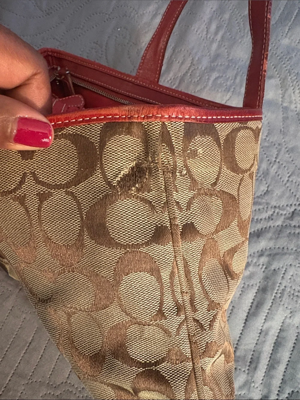 Coach Brown Signature Canvas Tote with Red Leather Trim